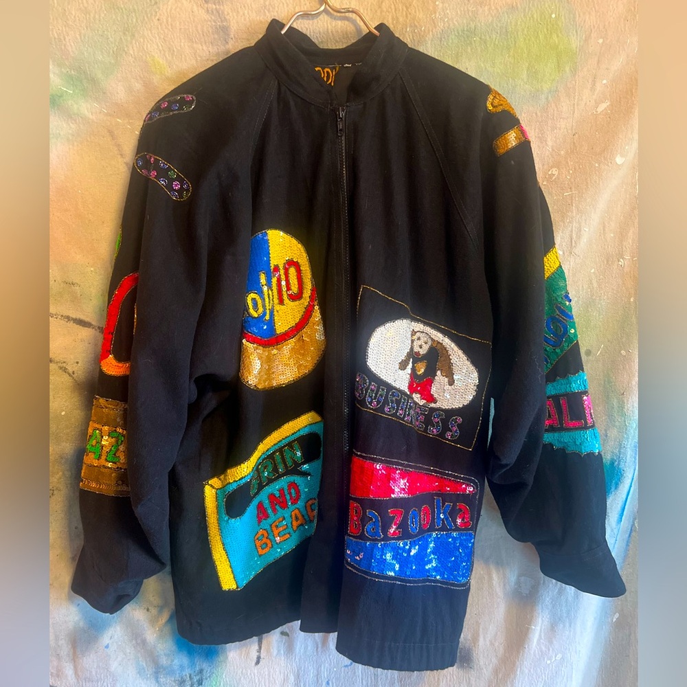 Modi Demin Sequined Bomber Jacket Bears and Candy